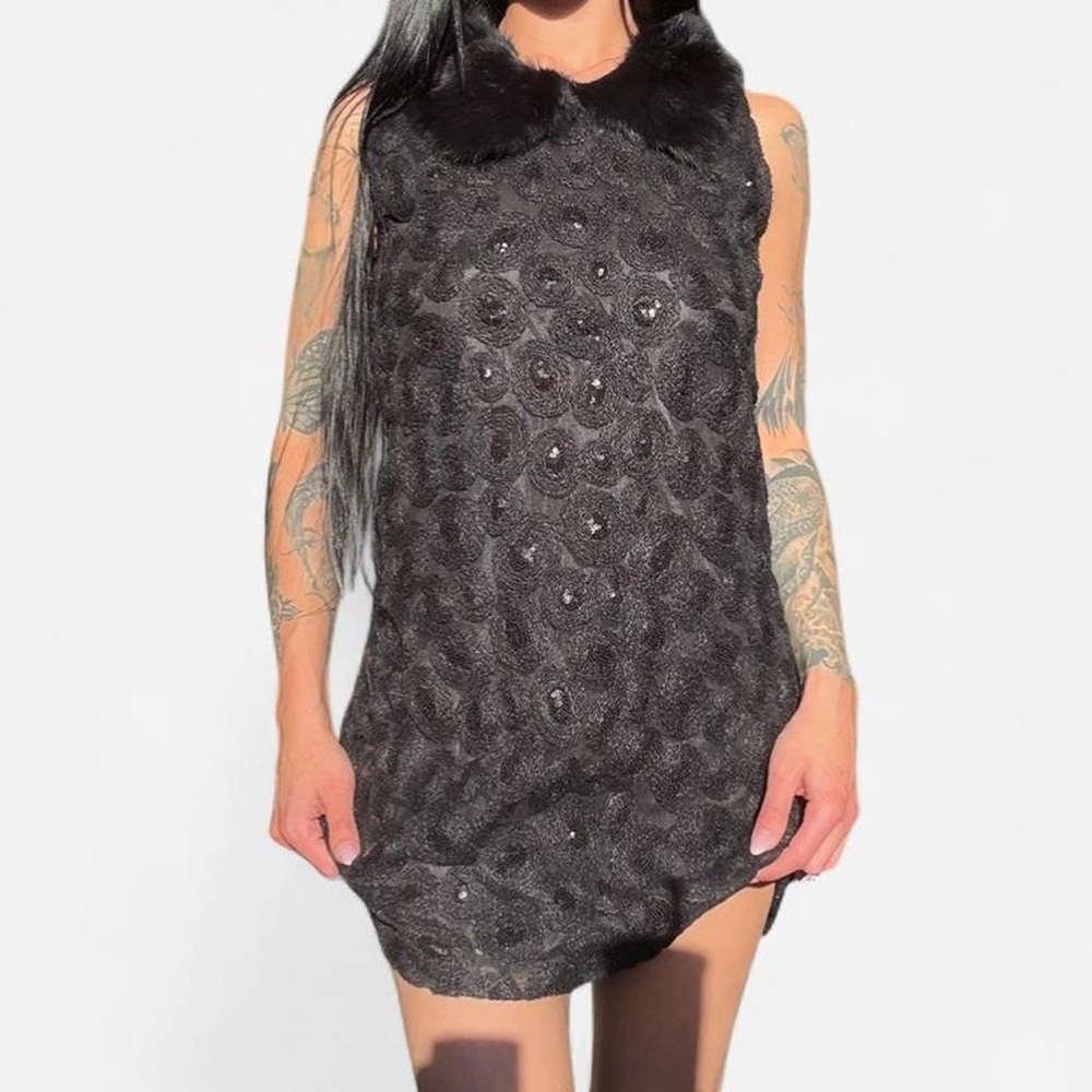 Joseph Ribkoff Black Textured Mini Dress with Faux Fur Collar